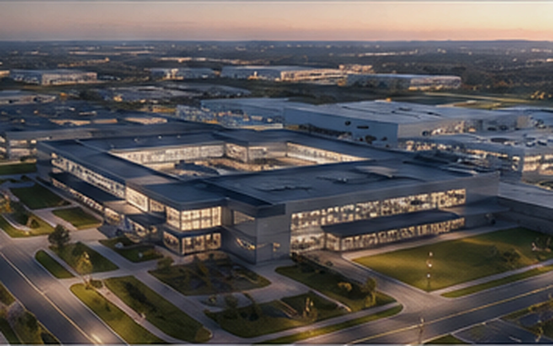 Aerial view of a large mission-critical industrial and technology campus